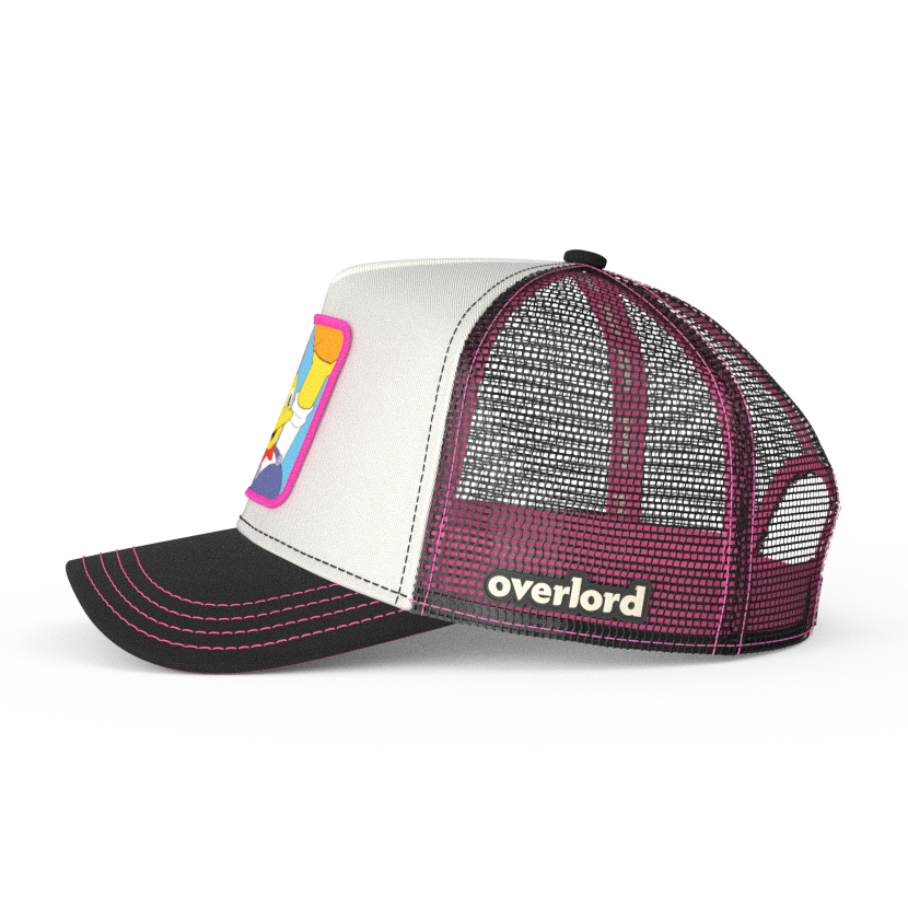 White and black OVERLORD X The Simpsons Lard Lad holding donut trucker baseball cap hat with black mesh. PVC Overlord logo.