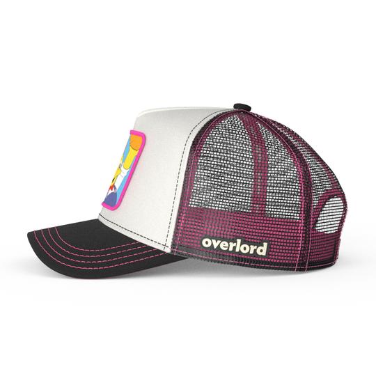 White and black OVERLORD X The Simpsons Lard Lad holding donut trucker baseball cap hat with black mesh. PVC Overlord logo.