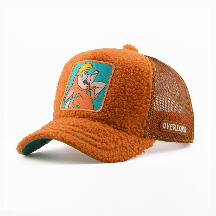 Fuzzy-textured burnt orange retro trucker cap with a patch of Lost Boy Slightly from Disney's Peter Pan on a teal background, orange mesh back with tan Overlord logo.