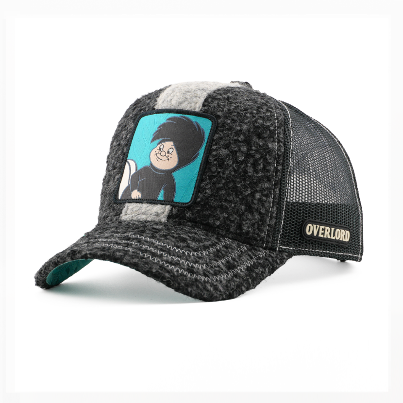 Boucle-textured charcoal gray retro trucker cap with a light gray center stripe and a patch of Lost Boy Snootles from Disney's Peter Pan on a teal background, black mesh back with tan Overlord logo