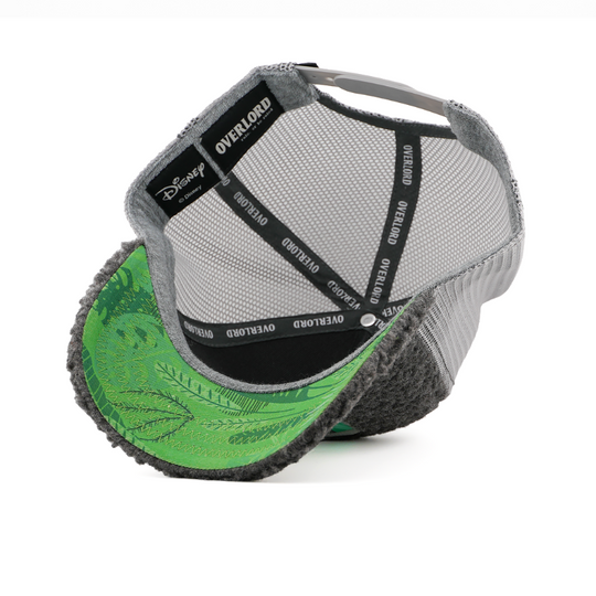 Underside of the Second Twin from Disney's Peter Pan retro trucker cap showing a green leaf-print brim, a Disney tag, gray mesh crown, and black Overlord branded taping.