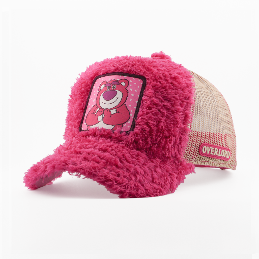 Pink fuzzy cap with cartoon character and 'Overlord' branding on a white background