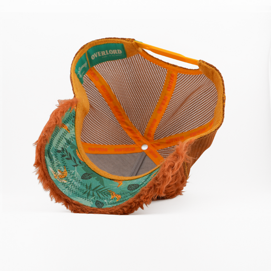 Orange and green cap with fur brim on a white background