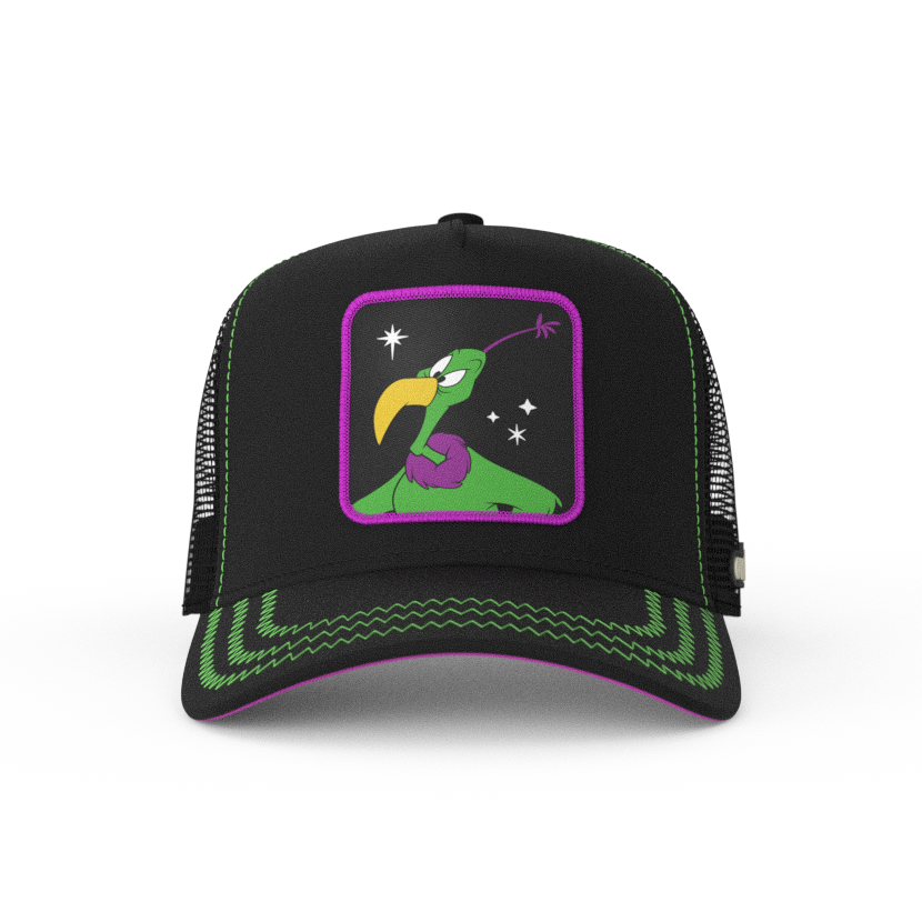Black OVERLORD X Looney Tunes Instant Martian trucker baseball cap hat with green zig zag stitching. PVC Overlord logo.