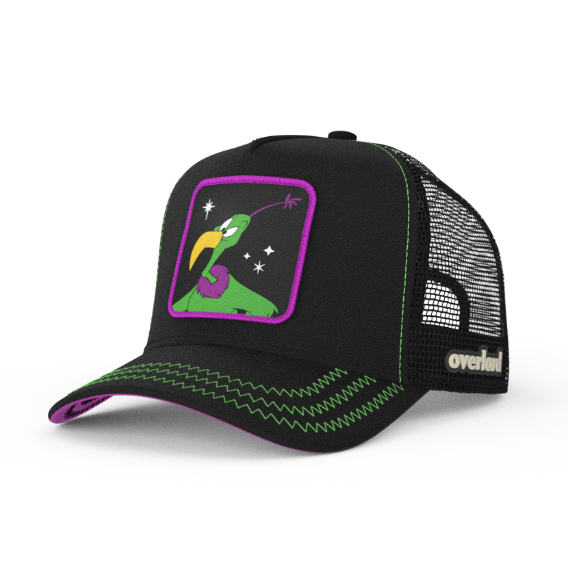 Black OVERLORD X Looney Tunes Instant Martian trucker baseball cap hat with green zig zag stitching. PVC Overlord logo.