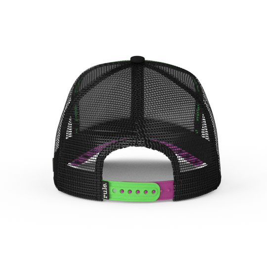 Black OVERLORD X Looney Tunes Instant Martian trucker baseball cap hat with green and purple adjustable strap.