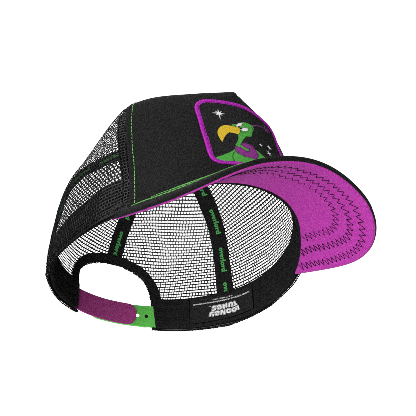 Black OVERLORD X Looney Tunes Instant Martian trucker baseball cap hat with black sweatband and purple under brim.