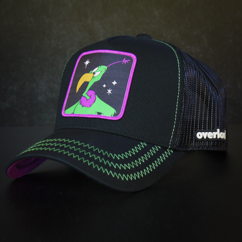 Black OVERLORD X Looney Tunes Instant Martian trucker baseball cap hat with green zig zag stitching. PVC Overlord logo.