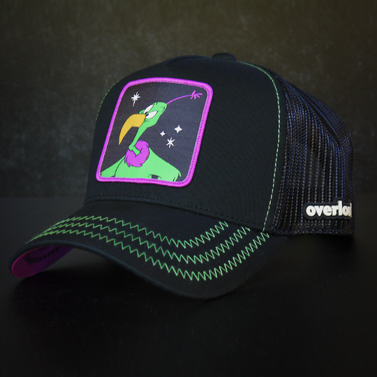 Black OVERLORD X Looney Tunes Instant Martian trucker baseball cap hat with green zig zag stitching. PVC Overlord logo.