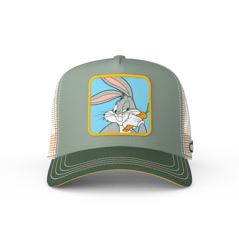 Gray green OVERLORD X Looney Tunes Bugs Bunny trucker baseball cap hat with cream stitching. PVC Overlord logo.