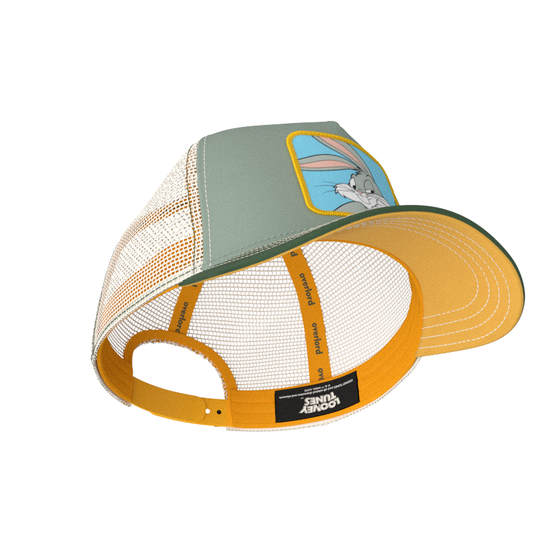 Gray green OVERLORD X Looney Tunes Bugs Bunny trucker baseball cap hat with light orange sweatband and under brim.