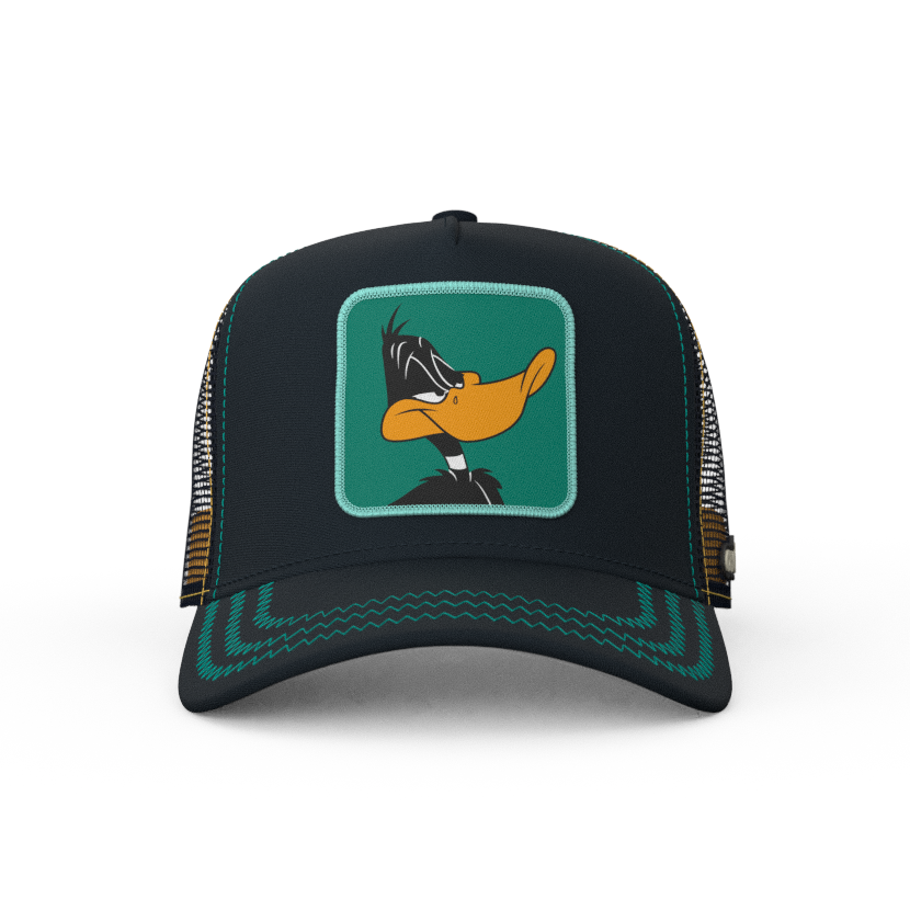 Black OVERLORD X Looney Tunes Daffy Duck trucker baseball cap hat with teal zig zag stitching. PVC Overlord logo.