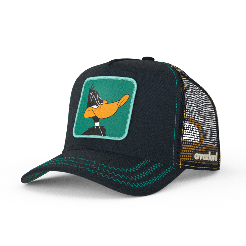 Black OVERLORD X Looney Tunes Daffy Duck trucker baseball cap hat with teal zig zag stitching. PVC Overlord logo.
