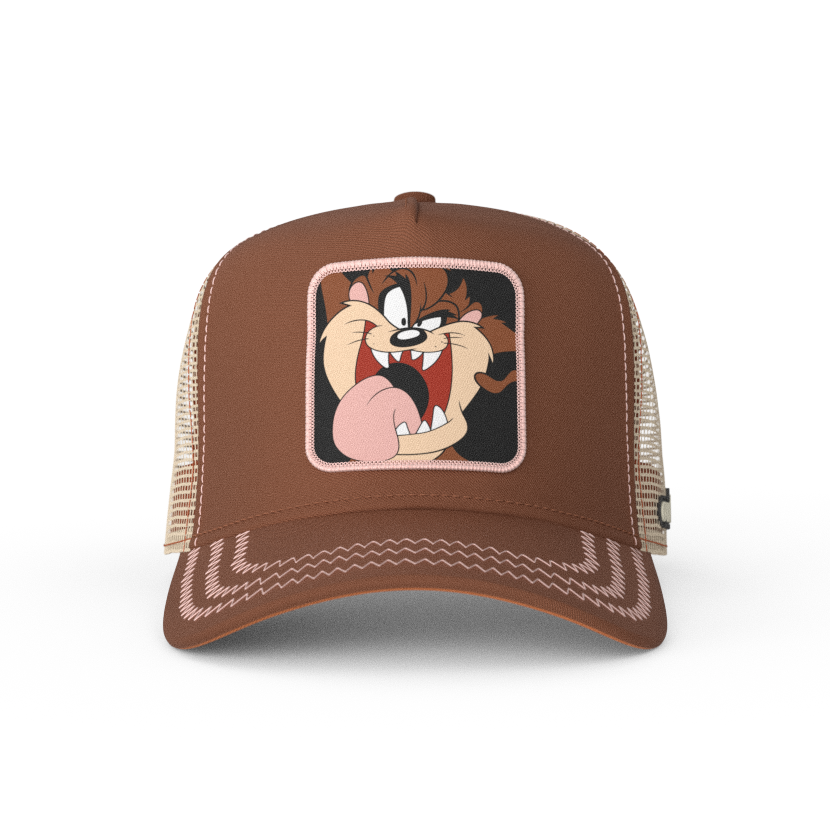 Brown OVERLORD X Looney Tunes smiling Tasmanian Devil trucker baseball cap hat with pink zig zag stitching. PVC Overlord logo.