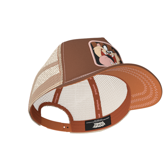 Brown OVERLORD X Looney Tunes smiling Tasmanian Devil trucker baseball cap hat with brown sweatband and light brown under brim.