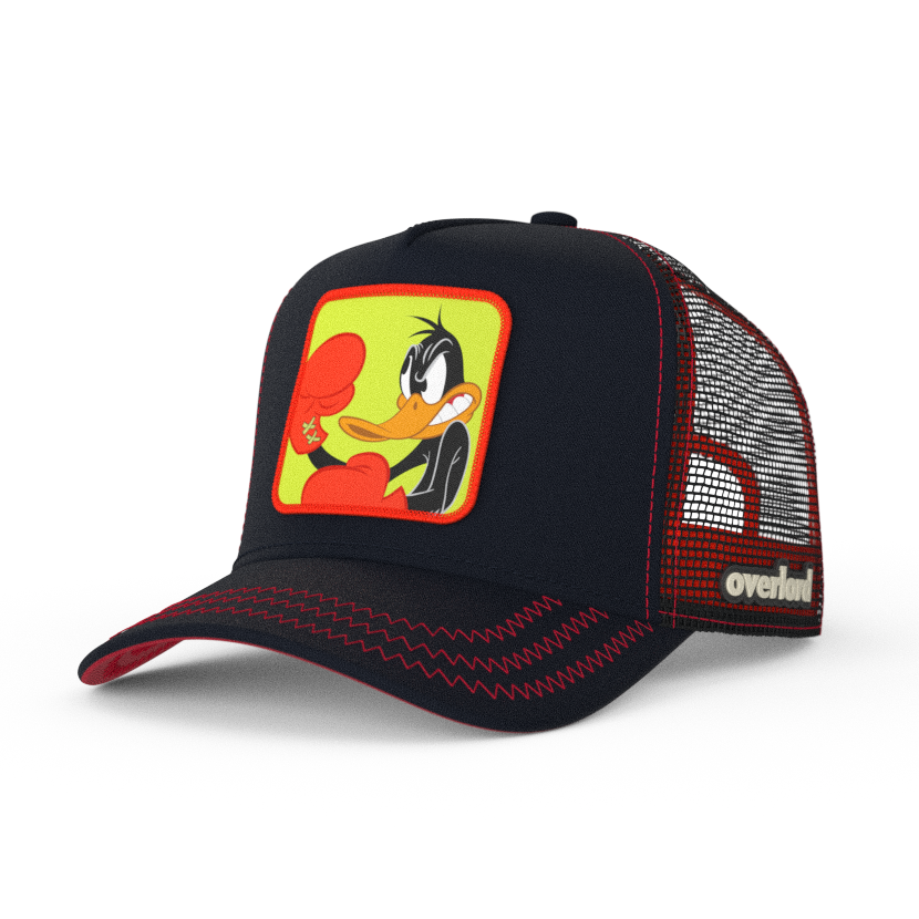 Black OVERLORD X Looney Tunes Daffy Duck in boxing gloves trucker baseball cap hat with red zig zag stitching. PVC Overlord logo.