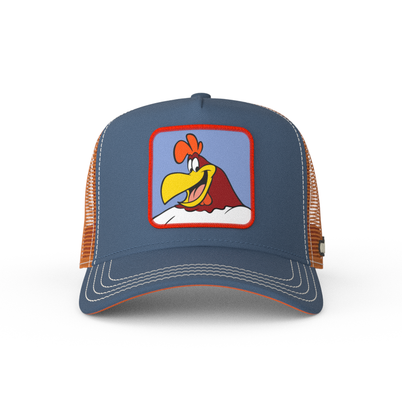 Blue OVERLORD X Looney Tunes smiling Foghorn trucker baseball cap with cream stitching. PVC Overlord logo.