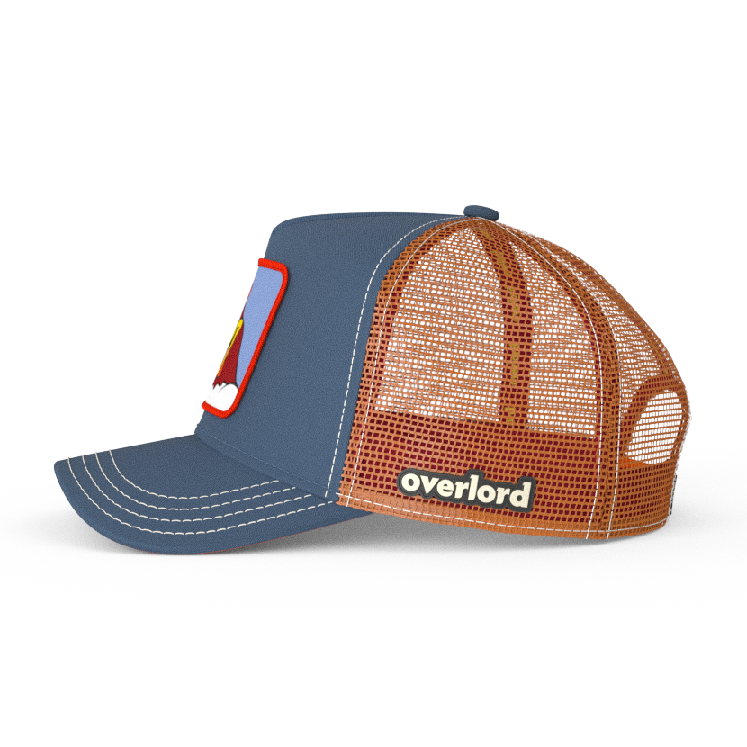 Blue OVERLORD X Looney Tunes smiling Foghorn trucker baseball cap hat with brown mesh. PVC Overlord logo.