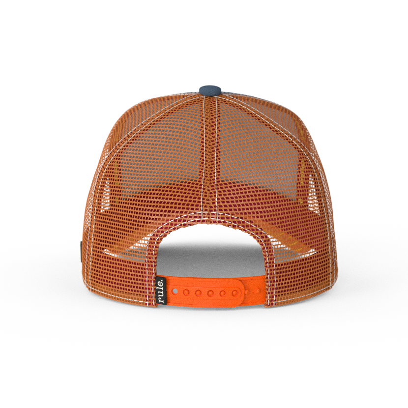 Blue OVERLORD X Looney Tunes smiling Foghorn trucker baseball cap hat with brown mesh and orange adjustable strap. PVC Overlord logo.