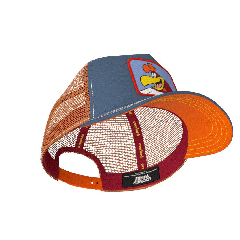 Blue OVERLORD X Looney Tunes smiling Foghorn trucker baseball cap with maroon sweatband and orange under brim.