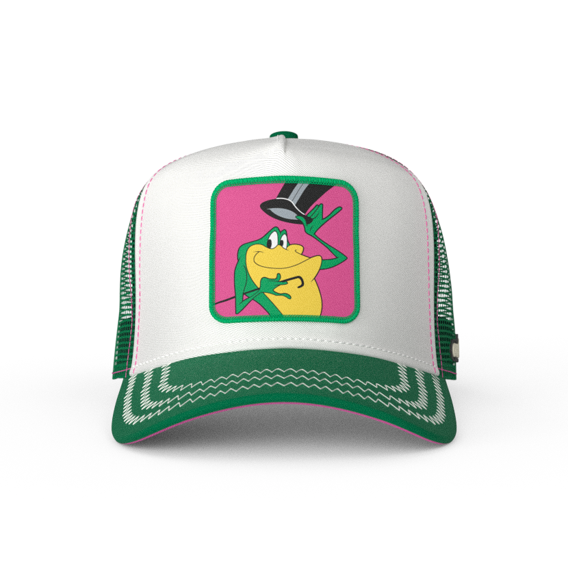 White and green OVERLORD X Looney Tunes Michigan J. Frog trucker baseball cap hat with white zig zag stitching. PVC Overlord logo.