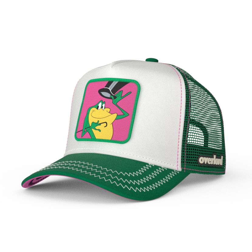 White and green OVERLORD X Looney Tunes Michigan J. Frog trucker baseball cap hat with white zig zag stitching. PVC Overlord logo.