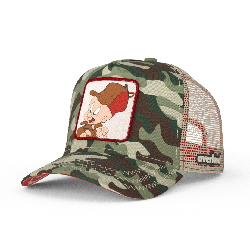 Camo OVERLORD X Looney Tunes Elmer Fudd trucker baseball cap hat with khaki zig zag stitching. PVC Overlord logo.