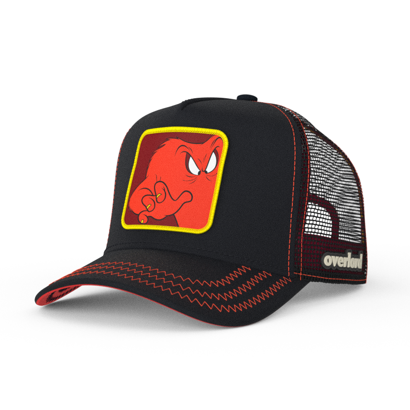 Black OVERLORD X Looney Tunes Gossamer trucker baseball cap hat with red zig zag stitching. PVC Overlord logo.