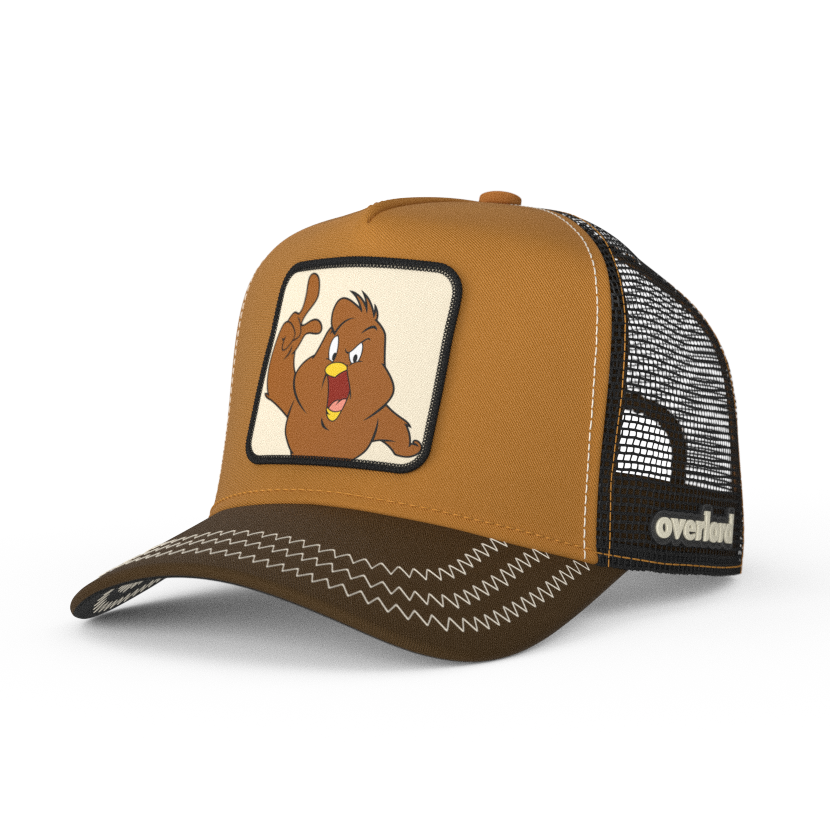 Brown OVERLORD X Looney Tunes Henry Hawk trucker baseball cap hat with khaki zig zag stitching. PVC Overlord logo.