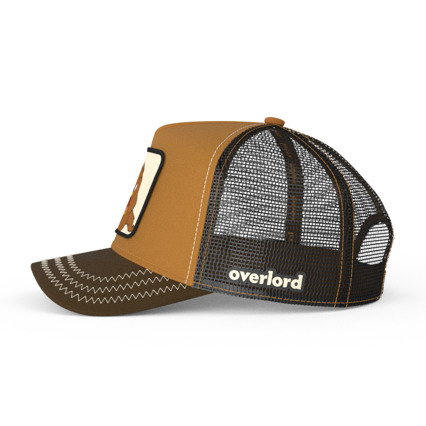 Brown OVERLORD X Looney Tunes Henry Hawk trucker baseball cap hat with black mesh. PVC Overlord logo.