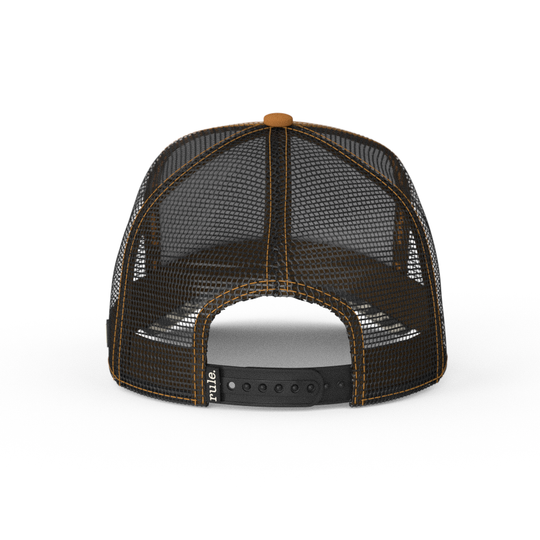 Brown OVERLORD X Looney Tunes Henry Hawk trucker baseball cap hat with black adjustable strap.