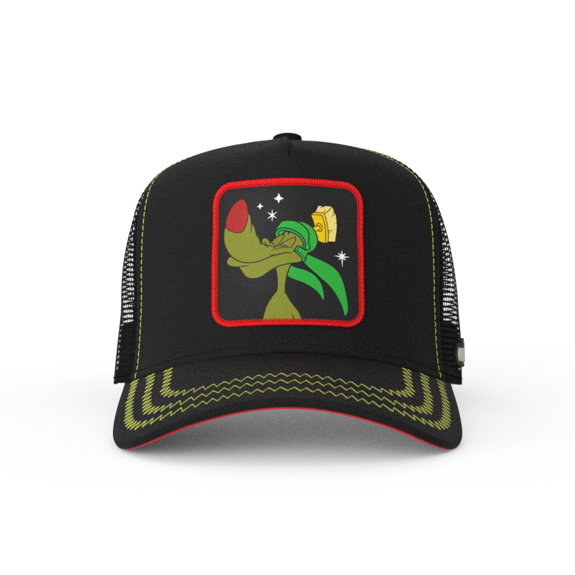 Black OVERLORD X Looney Tunes K-9 martian dog trucker baseball cap hat with green zig zag stitching. PVC Overlord logo.