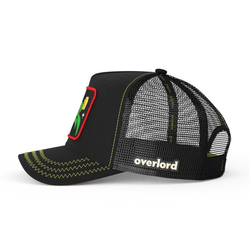 Black OVERLORD X Looney Tunes K-9 martian dog trucker baseball cap hat with black mesh. PVC Overlord logo.