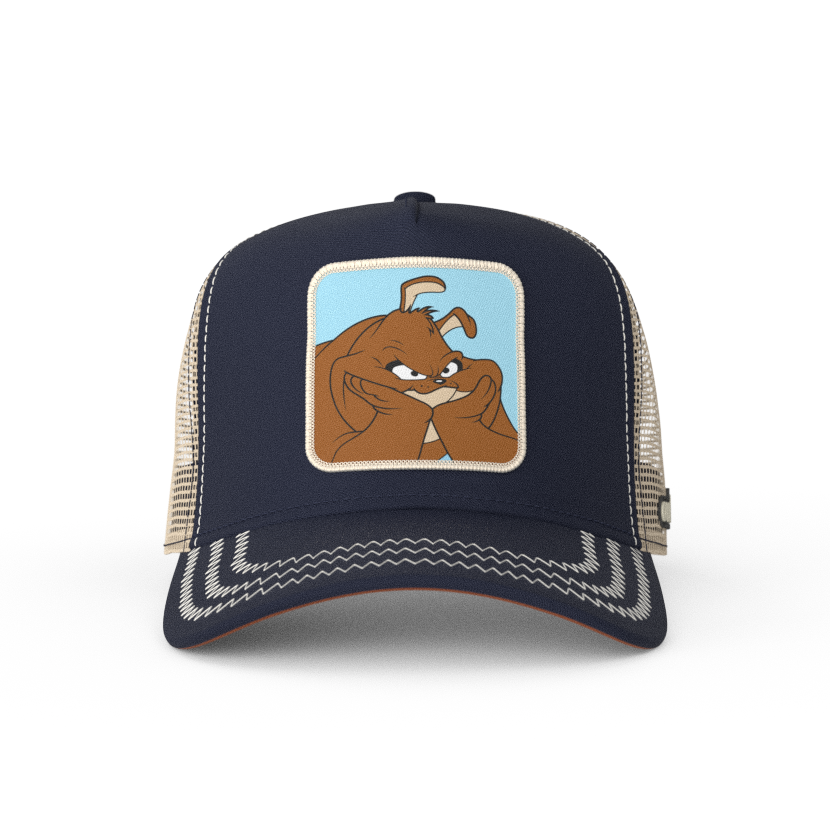 Navy Blue OVERLORD X Looney Tunes Marc Anthony the dog trucker baseball cap hat with khaki zig zag stitching. PVC Overlord logo.