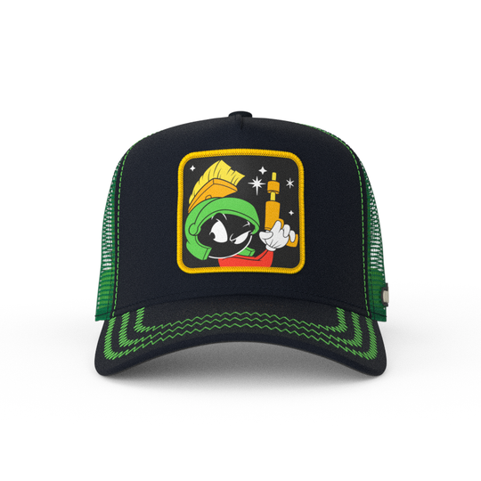 Black OVERLORD X Looney Tunes Marvin the Martian holding a laser gun trucker baseball cap hat with green zig zag stitching. PVC Overlord logo.