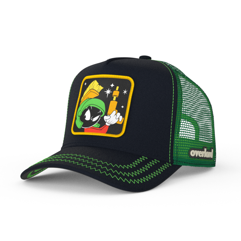 Black OVERLORD X Looney Tunes Marvin the Martian holding a laser gun trucker baseball cap hat with green zig zag stitching. PVC Overlord logo.