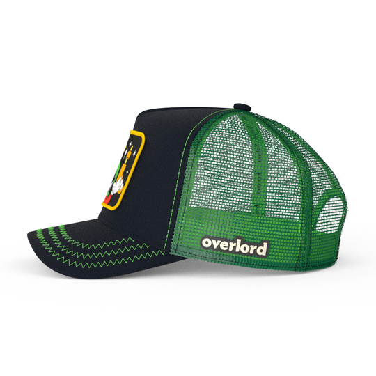 Black OVERLORD X Looney Tunes Marvin the Martian holding a laser gun trucker baseball cap hat with green mesh. PVC Overlord logo.