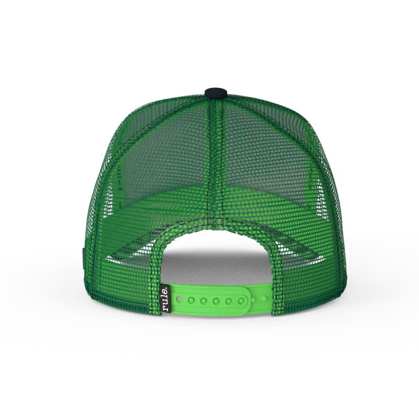 Black OVERLORD X Looney Tunes Marvin the Martian holding a laser gun trucker baseball cap hat with green mesh and green adjustable strap.
