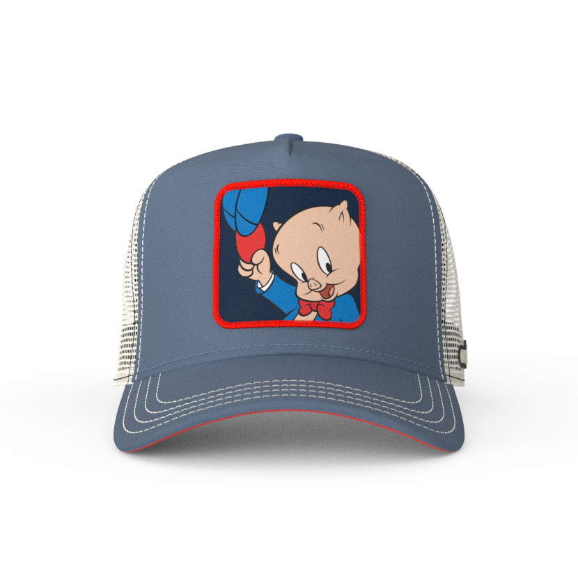 Blue OVERLORD X Looney Tunes Porky Pig holding a hat trucker baseball cap hat with cream stitching. PVC Overlord logo.