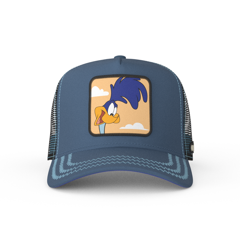 Blue OVERLORD X Looney Tunes smiling Road Runner trucker baseball cap hat with light blue zig zag stitching. PVC Overlord logo.