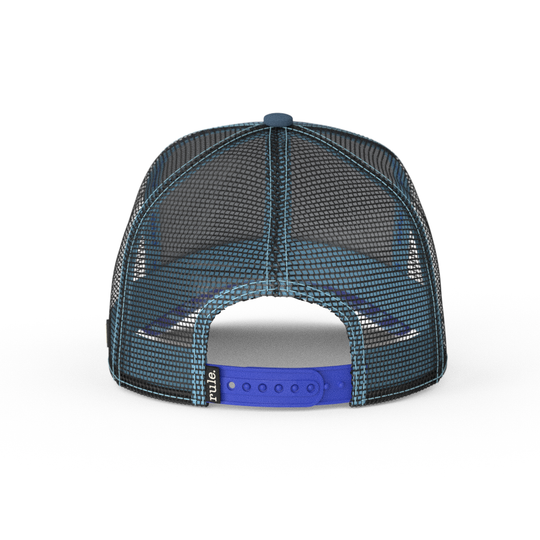 Blue OVERLORD X Looney Tunes smiling Road Runner trucker baseball cap hat with black mesh and blue adjustable strap. PVC Overlord logo.