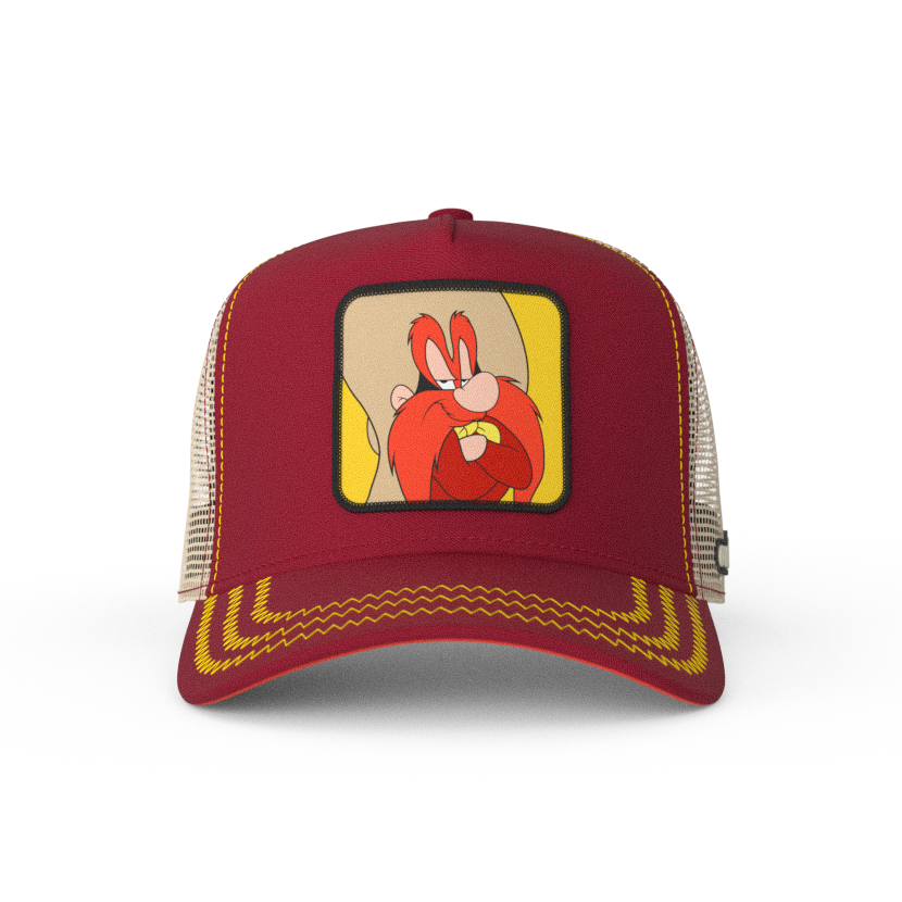 Dark Red OVERLORD X Looney Tunes smug Yosemite Sam trucker baseball cap hat with yellow zig zag stitching. PVC Overlord logo.