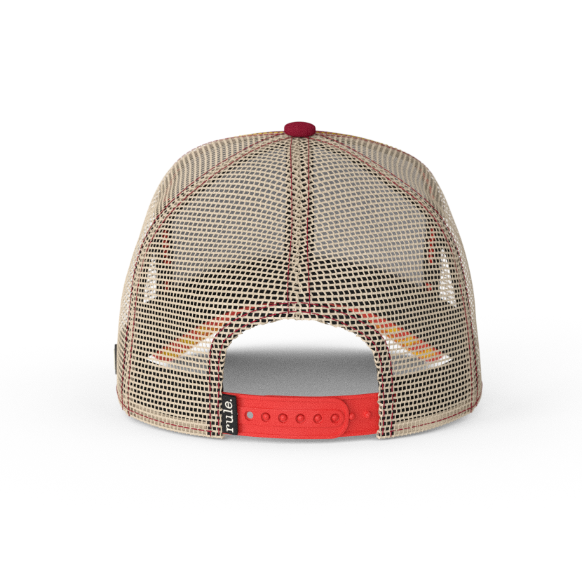 Dark Red OVERLORD X Looney Tunes smug Yosemite Sam trucker baseball cap hat with khaki mesh and red adjustable strap. PVC Overlord logo.