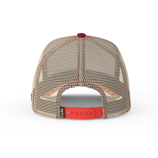 Dark Red OVERLORD X Looney Tunes smug Yosemite Sam trucker baseball cap hat with khaki mesh and red adjustable strap. PVC Overlord logo.
