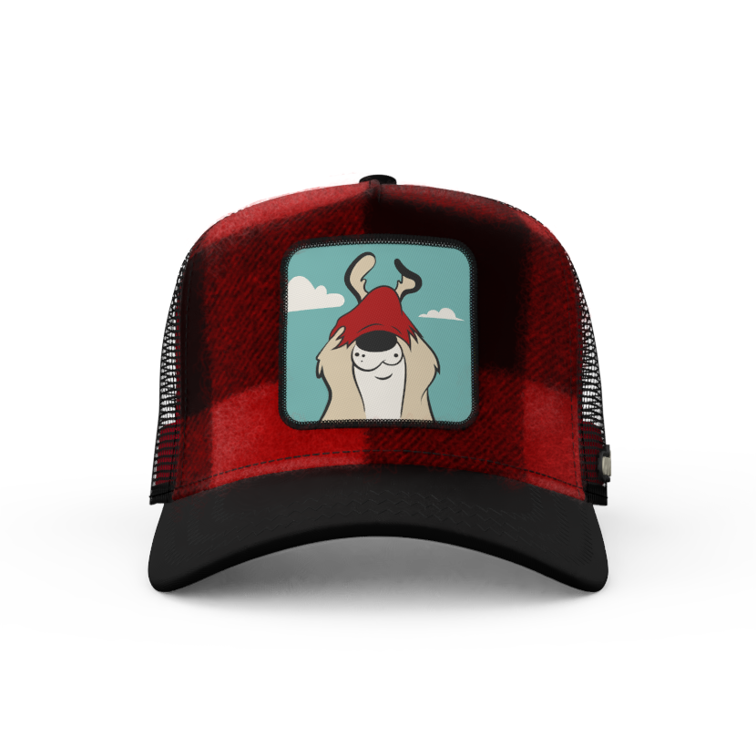 Buffalo Plaid OVERLORD X Looney Tunes Sam the Sheepdog trucker baseball cap hat with black zig zag stitching on black brim. PVC Overlord logo.