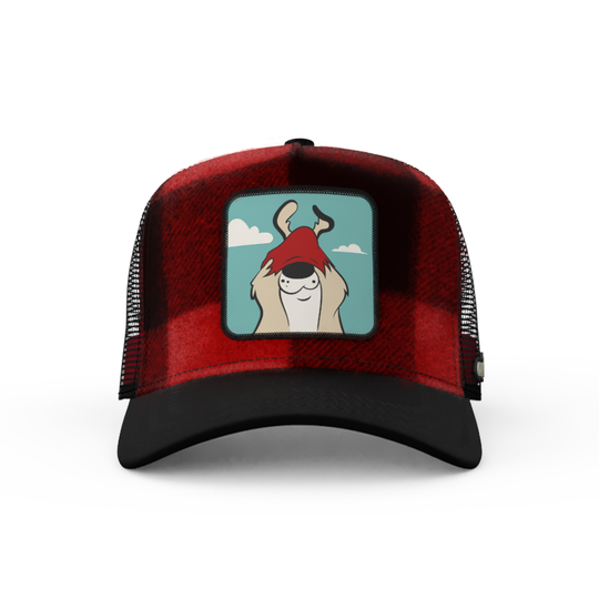 Buffalo Plaid OVERLORD X Looney Tunes Sam the Sheepdog trucker baseball cap hat with black zig zag stitching on black brim. PVC Overlord logo.