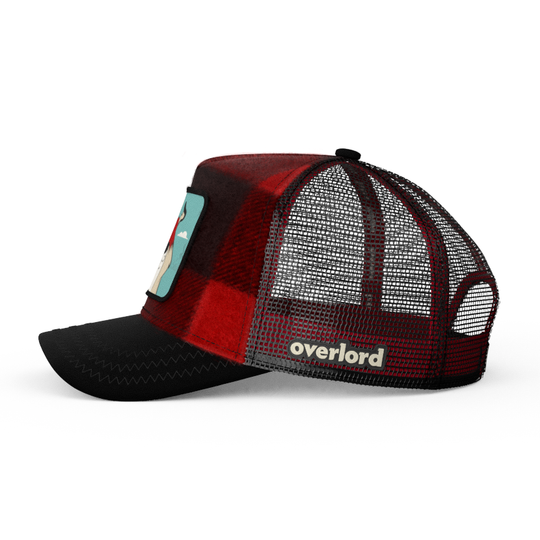Buffalo Plaid OVERLORD X Looney Tunes Sam the Sheepdog trucker baseball cap hat with black mesh. PVC Overlord logo.