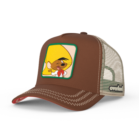 Brown OVERLORD X Looney Tunes Speedy Gonzales trucker baseball cap hat with khaki zig zag stitching. PVC Overlord logo.