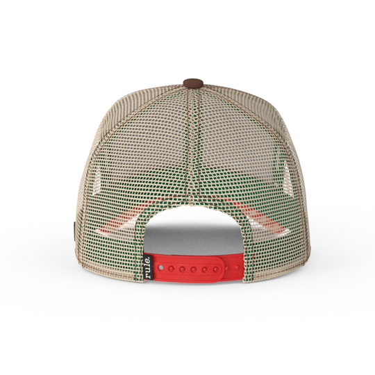 Brown OVERLORD X Looney Tunes Speedy Gonzales trucker baseball cap hat with khaki mesh and red adjustable strap. PVC Overlord logo.