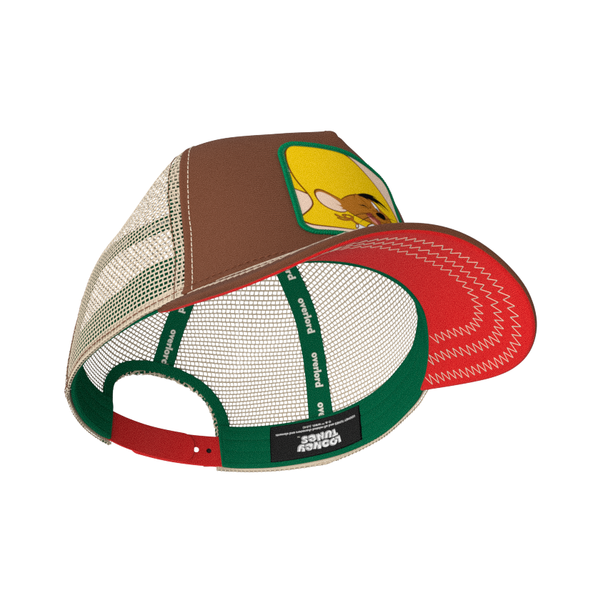 Brown OVERLORD X Looney Tunes Speedy Gonzales trucker baseball cap hat with khaki zig zag stitching. PVC Overlord logo.